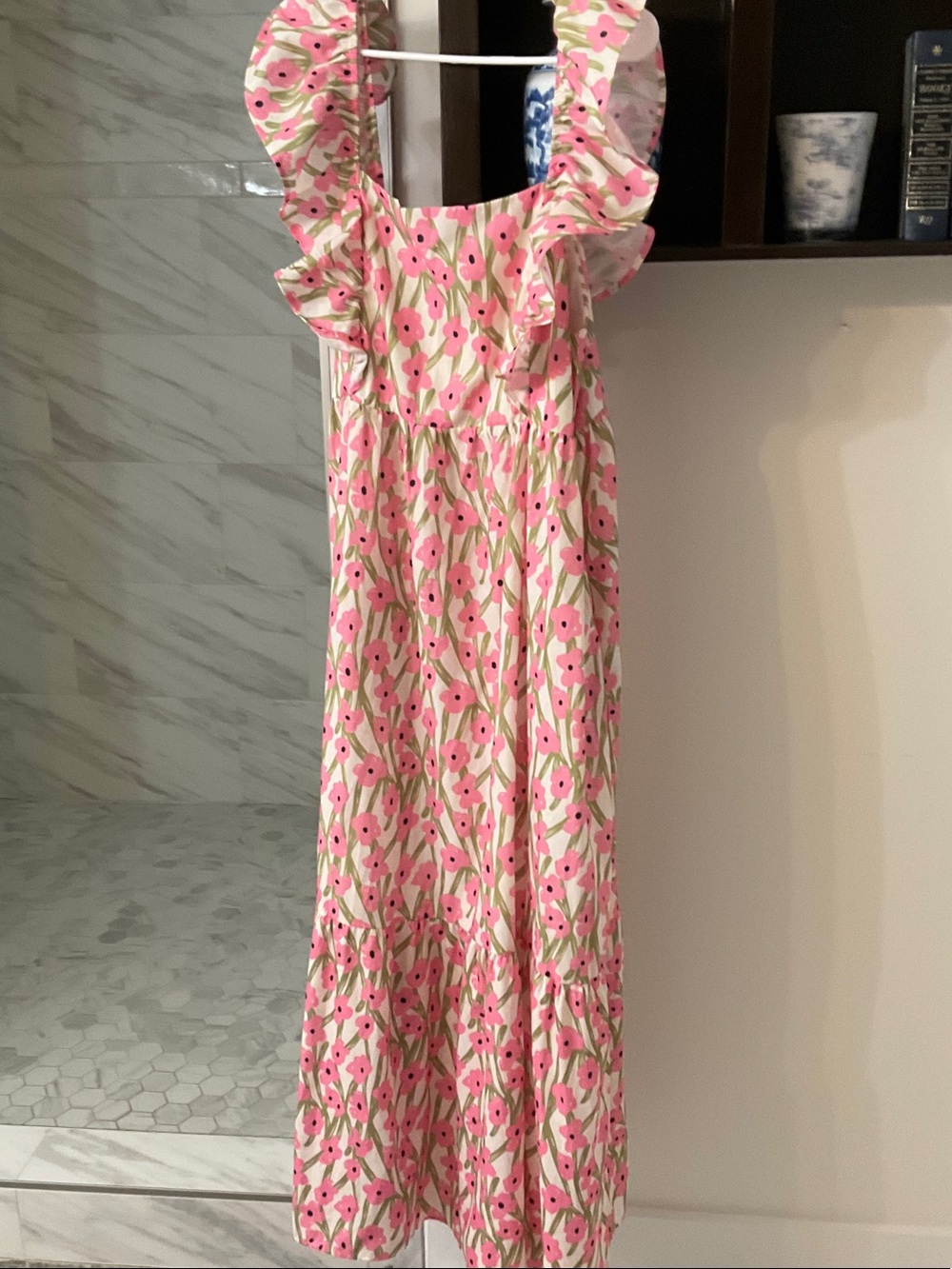 Pink Floral Ruffle-Shoulder Maxi Dress
